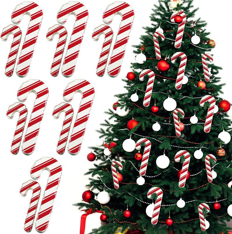 Photo 1 of 12 Pieces Christmas Wood Candy Canes Vintage Wood Carved Candy Canes Christmas Tree Hanging Ornaments Decorations for Christmas Holiday Party Decor Favors, 2 Size 