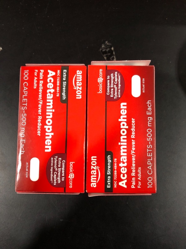 Photo 2 of Amazon Basic Care Extra Strength Pain Relief, Acetaminophen Caplets, 500 mg, Pain Reliever/Fever Reducer, 100 Count 100 Count (Pack of 1) Extra Strength PACK OF 2 EXP 06.23