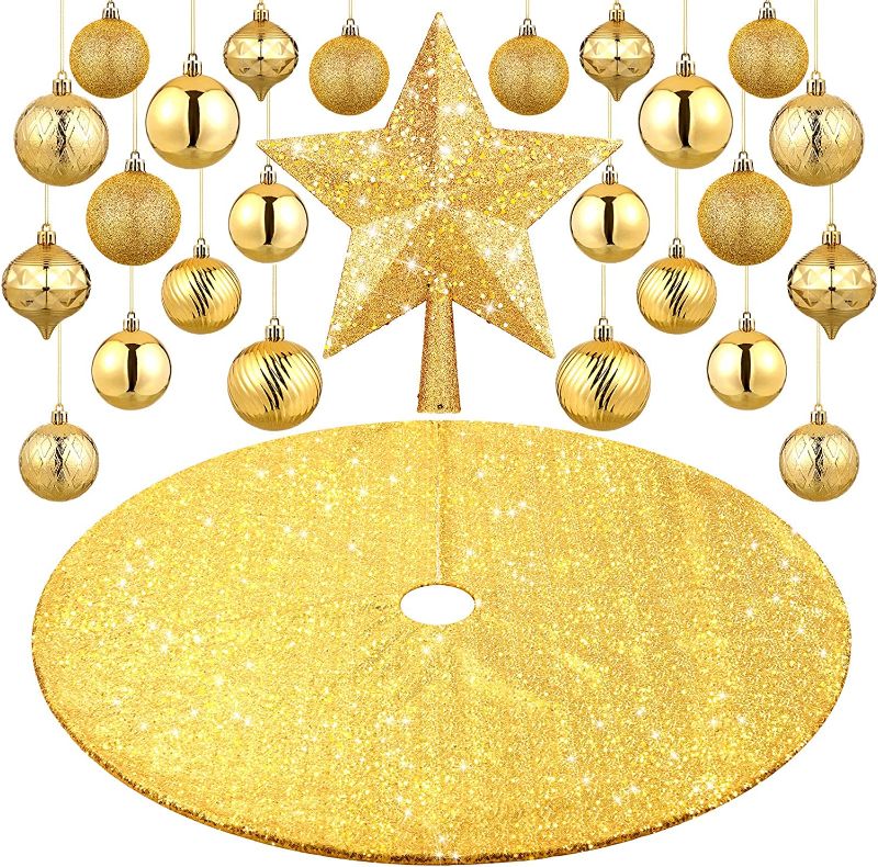 Photo 1 of 27 Pieces Christmas Tree Decoration Set, Christmas Star Tree Topper 25 Christmas Ball Ornaments and 48'' Christmas Sequin Tree Skirt for Holiday Xmas Tree Decoration (Gold)
