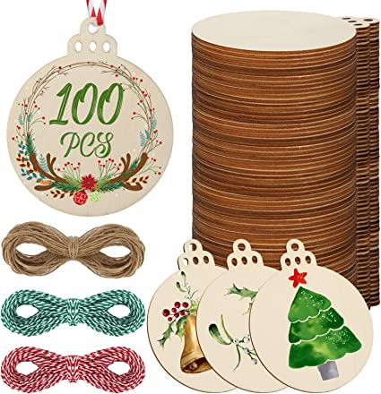 Photo 1 of 100 Pcs 4 Inch Christmas Round Wooden Discs with Holes Unfinished Predrilled Wooden Christmas Ornaments Blank Wood Slices with 195 ft Twine Wooden Circles for Crafts DIY Centerpieces Decorations 