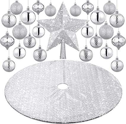 Photo 1 of 27 Pieces Christmas Tree Decoration Set, Christmas Star Tree Topper 25 Christmas Ball Ornaments and 48'' Christmas Sequin Tree Skirt for Holiday Xmas Tree Decoration (Silver) 