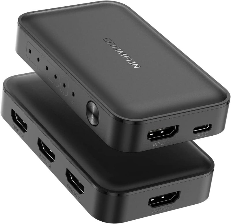Photo 1 of HDMI Splitter 1 in 4 Out - 4K 60Hz 1x4 HDMI Splitter, SOOMFON HDMI Splitter for Multiple Monitors Duplicate/Mirror Only, Supports UHD 3D Player, PS4, PS5, Xbox, Switch, HDTV https://a.co/d/gcOQbSJ