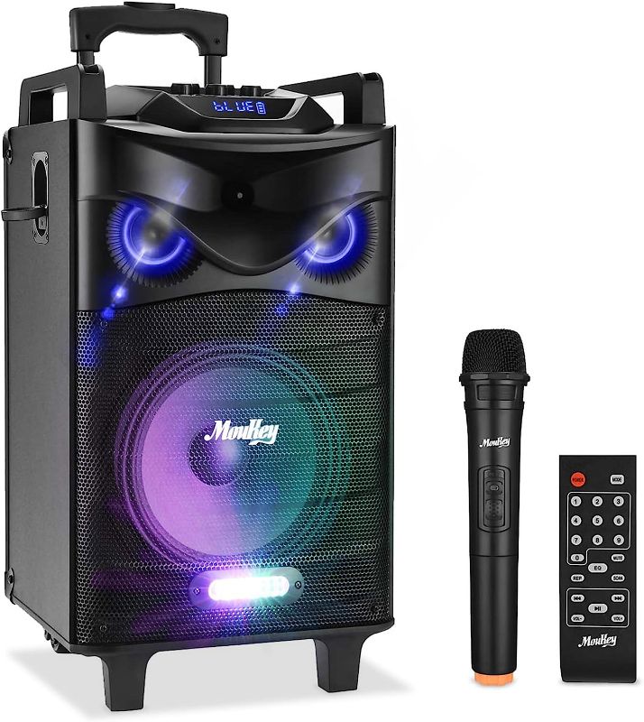 Photo 1 of Moukey Karaoke Machine, Big Subwoofer PA System, Powerful Sound, Portable Bluetooth Speaker with Wired Microphone, Party Lights & Echo/Treble/Bass Adjustment, Support TWS/REC/AUX/MP3/USB/TF/FM
