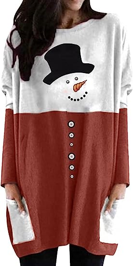 Photo 1 of [Size S] MOUSYA Women Dress Shirt Christmas Long Sleeve Tops Santa Printed Pullover Loose Plus Size T-Shirt Blouse with Pockets 
