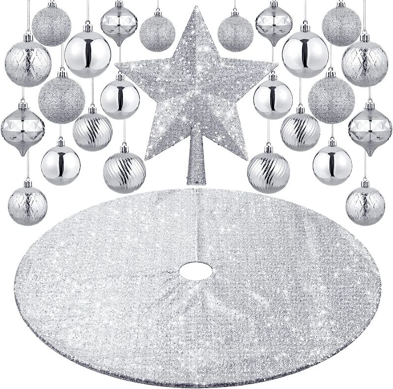 Photo 1 of 27 Pieces Christmas Tree Decoration Set with 48'' Christmas Sequin Tree Skirt  (Silver)