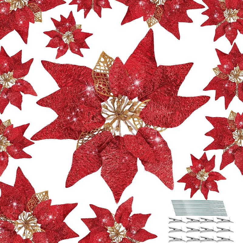 Photo 1 of 2 Boxes- MATCHING 12pcs Poinsettia Christmas Decorations, 8.6in Glitter Poinsettia Artificial Flowers with Clips and Stems, Christmas Flowers for Christmas Tree Holiday Party Garland Decorations(Red)