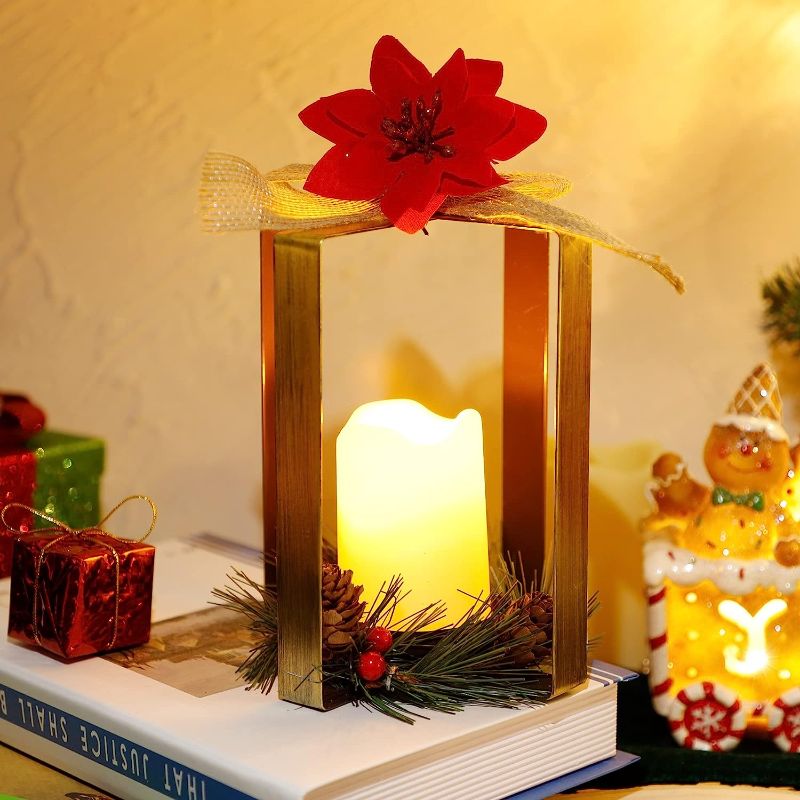 Photo 1 of  winemana Christmas LED Candle Lantern Lights, Poinsettia Candleholder with Flameless Candle, Battery Operated Lighted Christmas Tabletop Decorations for Home Kitchen Table Holiday Xmas Party 