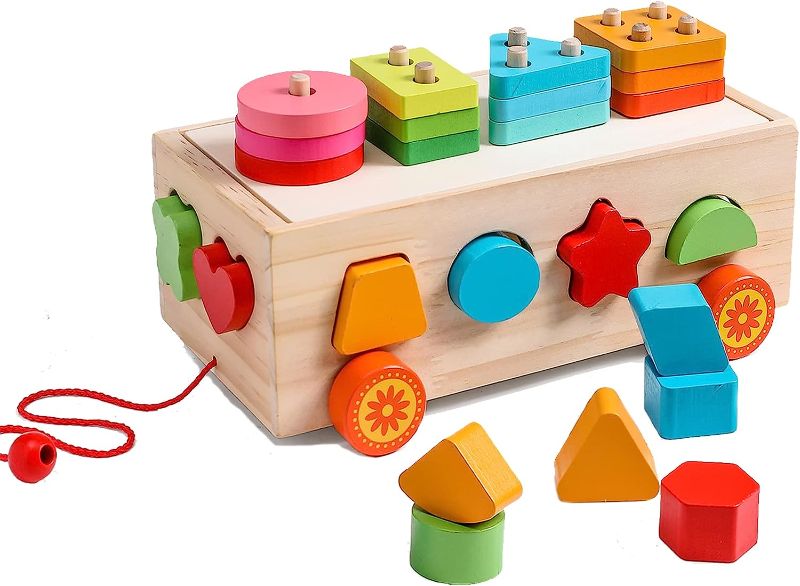 Photo 1 of 4 Games in 1 Montessori Shape Sorter Truck Toys for 18 Month+ Toddlers | Baby Blocks Sorting Wooden Educational Car Stacking Toys | 3 Year Old Girl & Boy Birthday Thanksgiving & Christmas Gifts
