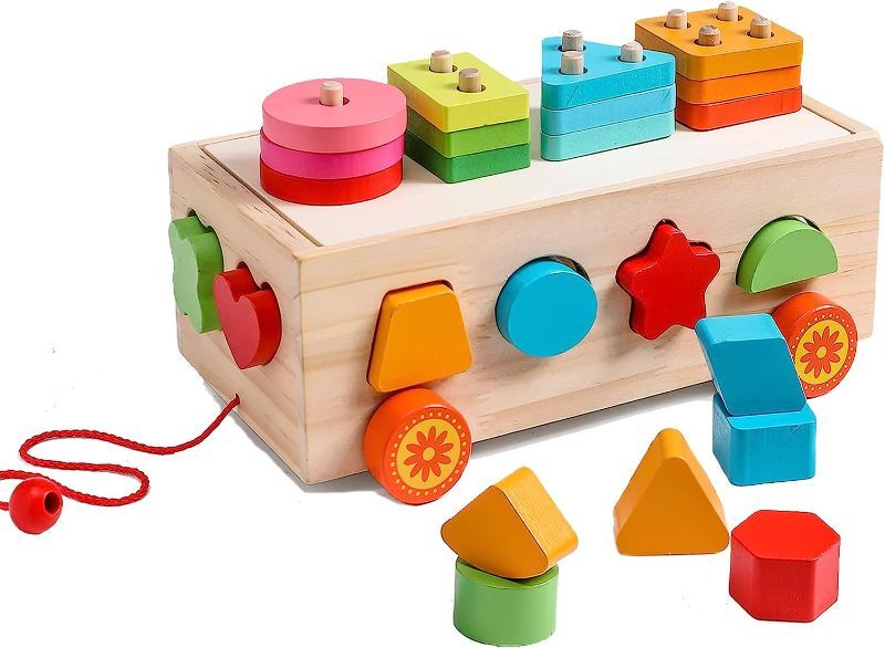 Photo 1 of 4 Games in 1 Montessori Shape Sorter Truck Toys for 18 Month+ Toddlers | Baby Blocks Sorting Wooden Educational Car Stacking Toys | 3 Year Old Girl & Boy Birthday Thanksgiving & Christmas Gifts
