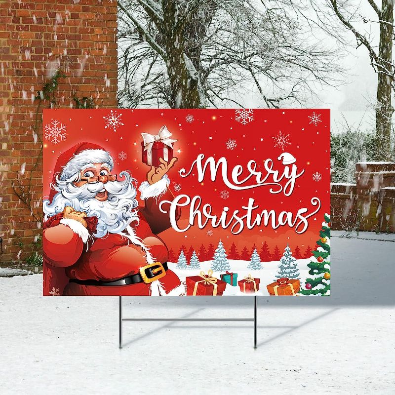 Photo 1 of  Christmas Decorations Outdoor Merry Christmas Santa Claus Yard Sign with Stakes Santa Gift Lawn Sign Red Xmas Garden Yard Supplies for Winter Party Outdoor Front Yard Lawn Pathway Walkway 25 Inches https://a.co/d/2cpXDS8