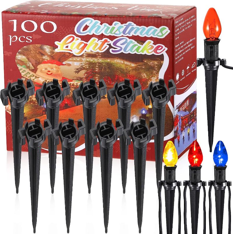 Photo 1 of  4.5 Inch Christmas Light Stakes Plastic Yard Stakes for C7 C9 Outdoor Universal Lawn Stakes Replacement Holiday Lights Stakes for Christmas Lights Holders on Yards Pathways(Black, 100 Pcs) 