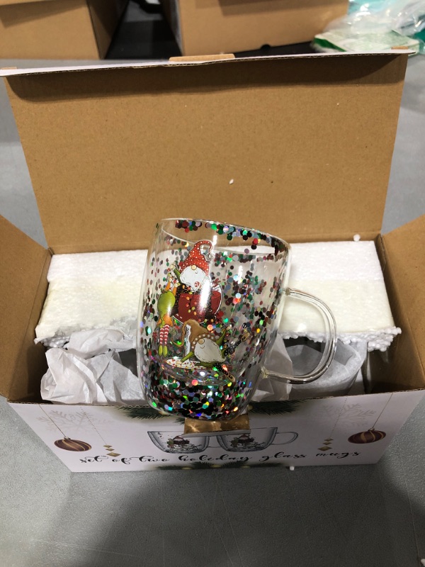 Photo 2 of  Fun Elf Christmas Coffee Mug Set of 2 Mugs - Holidays 10oz Double Wall Insulated Glass Tumbler with Handle, Confetti Snowflake Glassware Tea, Milk, Beverage, Juice, Water - Holiday White Elephant Gift 