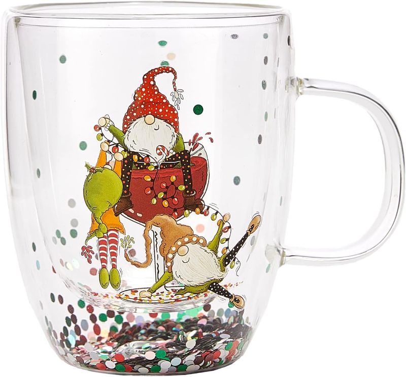 Photo 1 of  Fun Elf Christmas Coffee Mug Set of 2 Mugs - Holidays 10oz Double Wall Insulated Glass Tumbler with Handle, Confetti Snowflake Glassware Tea, Milk, Beverage, Juice, Water - Holiday White Elephant Gift 