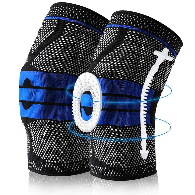 Photo 1 of [Size L] EOYEA Knee Brace Compression Sleeve for Knee Pain, Knee Brace Wraps Stabilizer with Silicone Gel & Spring Support, Knee Protector for Meniscus Tear Running for Men Women 2 pack (Blue,Large)