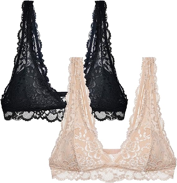 Photo 1 of [Size XL] Wingslove Women's 1-2 Pack Floral Lace Bralettes Top Deep V Plunge Wirefree Bra with Removable Pads