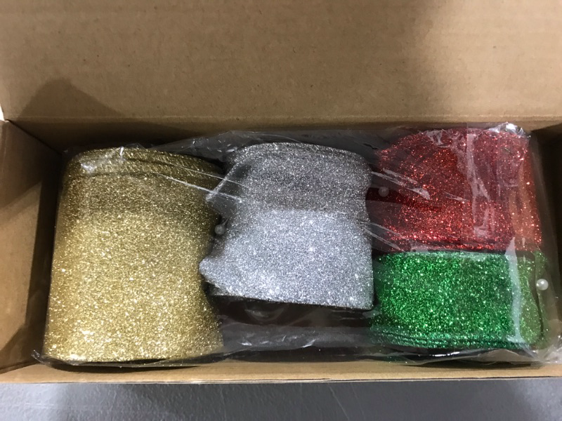 Photo 1 of 4 Rolls 24 Yards Christmas Glitter Ribbon Wired Ribbon Fabric Gold Green Red Silver Wrapping Ribbon 