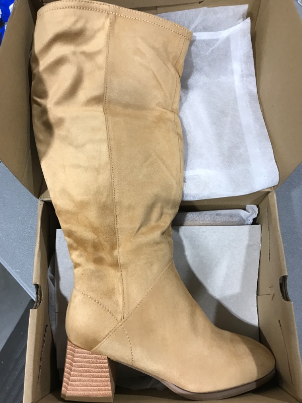 Photo 2 of [Size 5] Womens Knee High Boots Mid Chunky Heel Round Toe Faux Suede Side Zipper Riding Booties- Light Brown