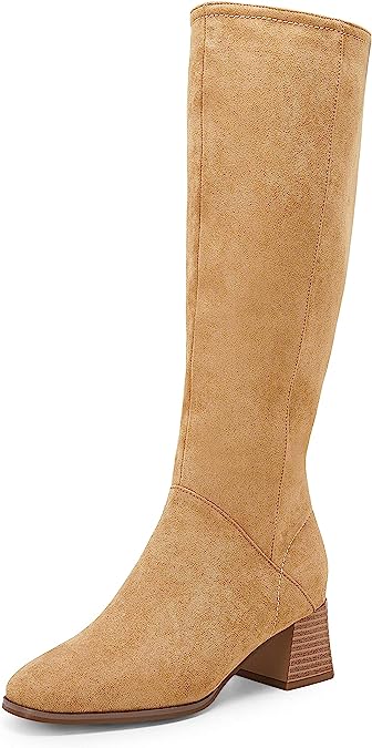 Photo 1 of [Size 5] Womens Knee High Boots Mid Chunky Heel Round Toe Faux Suede Side Zipper Riding Booties- Light Brown