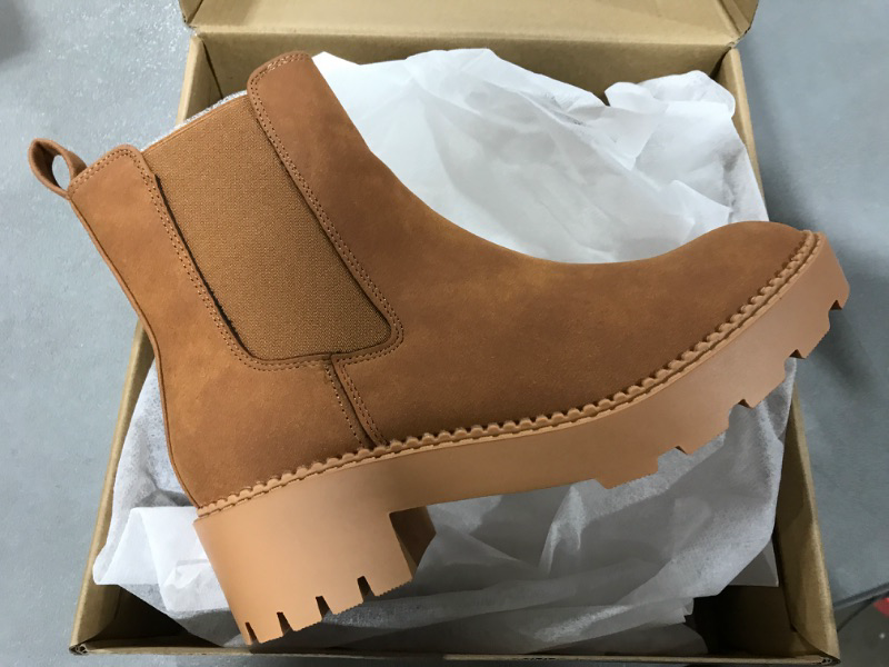 Photo 2 of [Size 5.5] Coutgo Womens Platform Chunky Low Heel Slip on Chelsea Boots Suede Elastic Ankle Boots Brown