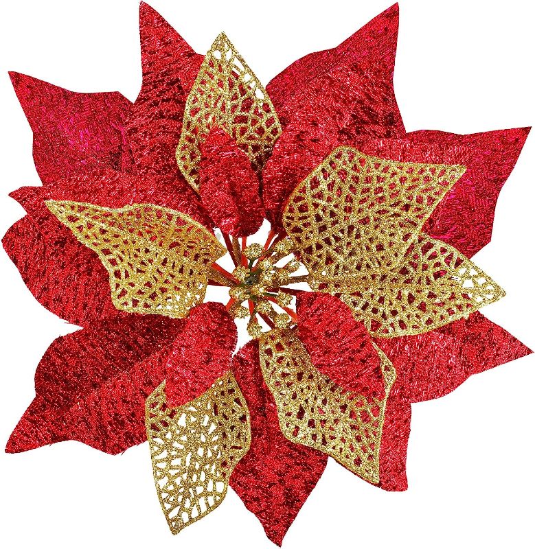 Photo 1 of 14 Set 8.7" Wide 4 Layers Christmas Red Metallic Glitter Artificial Poinsettia Flowers Picks 