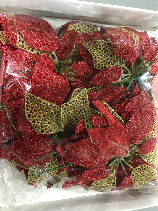 Photo 2 of 14 Set 8.7" Wide 4 Layers Christmas Red Metallic Glitter Artificial Poinsettia Flowers Picks 