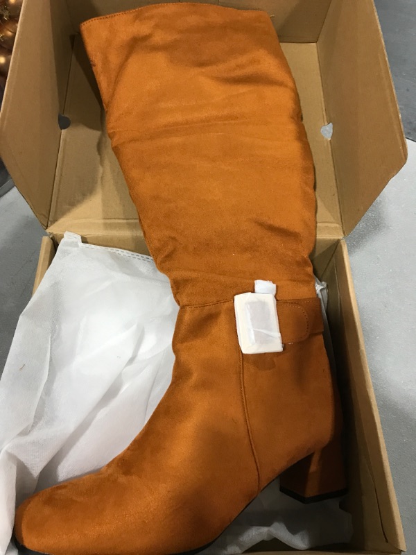 Photo 1 of [Size  11 ] Womens Faux Suede Knee High Boots Metal Buckle Side Zipper Block Chunky Heel Winter Boots-Brown