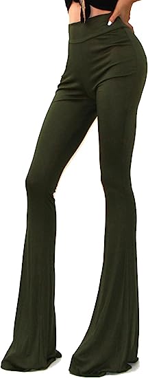 Photo 1 of {Size XS} FUNYYZO Women Bell Bottom Stretchy Work Pants Solid Elastic Waisted Flare Trousers with Pockets (Green)