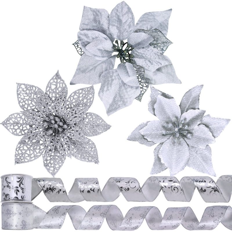 Photo 1 of [20 Set] 8.7" Wide Silver Poinsettias 