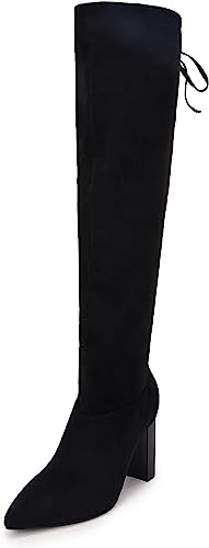 Photo 1 of [Size 8.5] LAICIGO Women's Pointed Toe Tall Boots Knee High Lace Up Chunky Stacked Heel Thigh High Over The Knee Winter Shoes [Black]