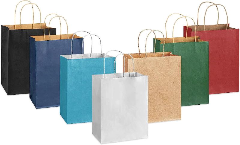 Photo 1 of 35 Pack Gift Bags with Handles Bulk Multicolor Medium Kraft Paper Bags, 8.2x4.3x10.6 Inch 7 Colors for Birthday Party Favors Grocery Retail Shopping 