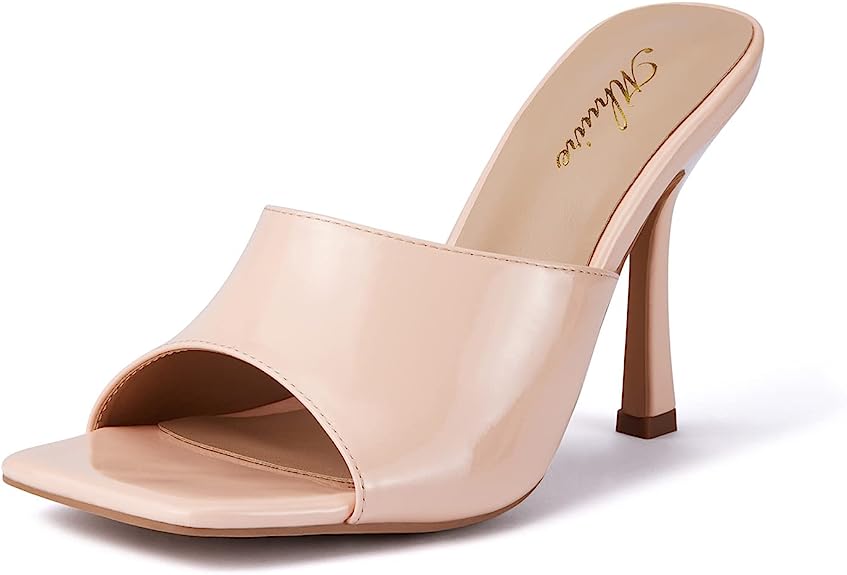 Photo 1 of [Size 9] Mhuire Women Square Toe Heeled Sandals,4 inch Stiletto Mules Open Toe Slip On Backless Fashion Dress High Heels - Nude
