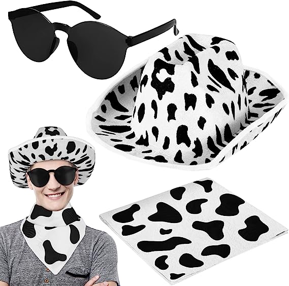 Photo 1 of Cow Print Cowboy Hat with Kerchief and Sunglasses, Cow Print Costume Set, Cow Pattern Accessories for Halloween Costume Parties Supplies 