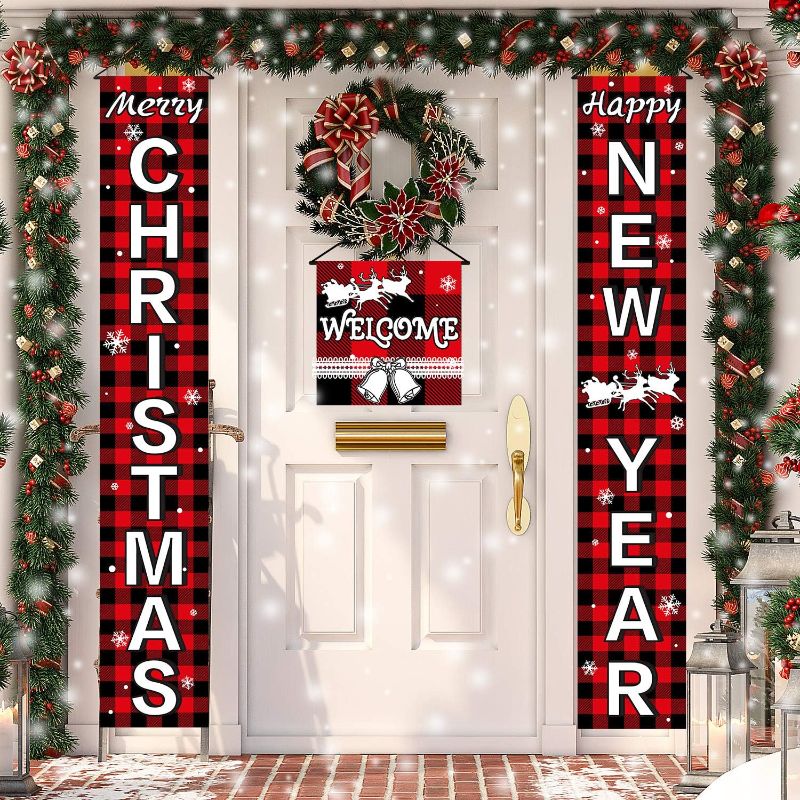 Photo 1 of 3 Pcs Merry Christmas Porch Signs (Red Buffalo Check Plaid) 