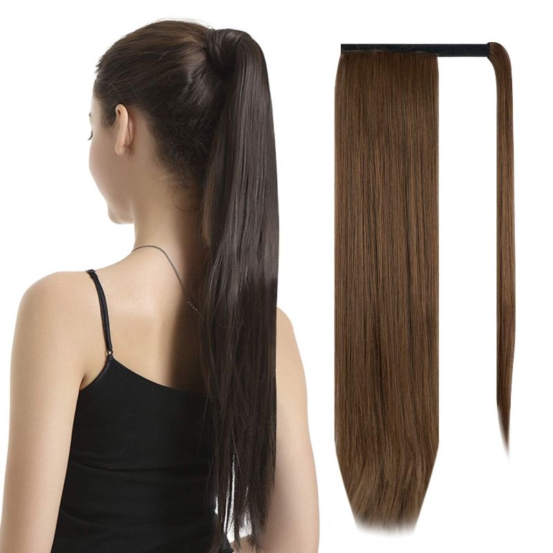 Photo 1 of BARSDAR 28 inch Ponytail Extension Long Straight Wrap Around Clip in Synthetic Fiber Hair for Women - Dark Brown mix Auburn Evenly 