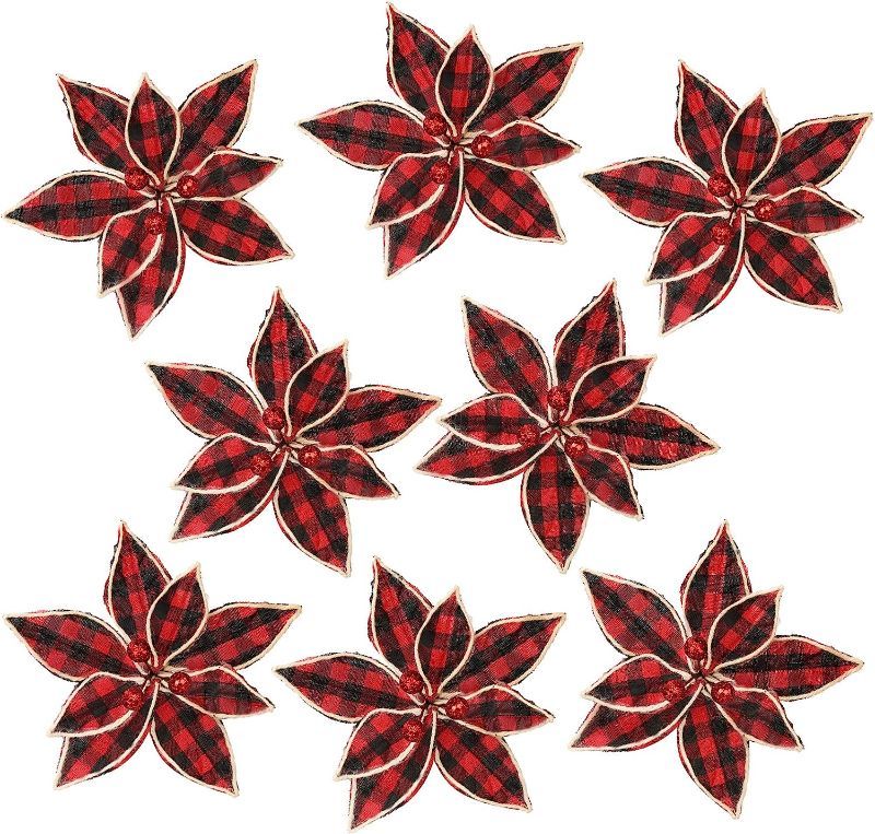 Photo 1 of 12pcs Buffalo Plaid Christmas Decorations Christmas Poinsettias