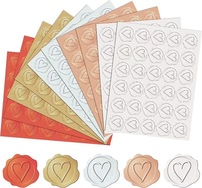 Photo 1 of 300 Pcs Embossed Envelope Seals Stickers Heart Wedding Stickers Gold Self-Adhesive Wax Stickers for Wedding Invitations, Greeting Cards (Gold, Silver, Red, White, Pink, Heart) 