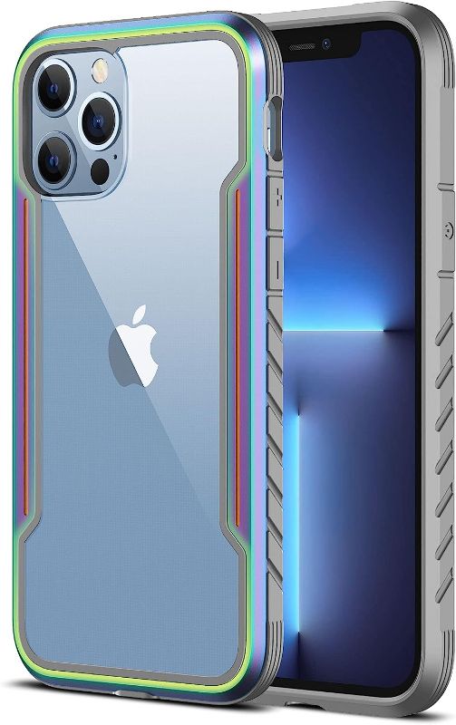 Photo 1 of MERUYOO iPhone 13 Pro case, Military Grade Shockproof, Heavy Protective Cover, Aluminum Alloy Frame, Silicone Soft Cushion, Transparent Hard Back, Rainbow Color

