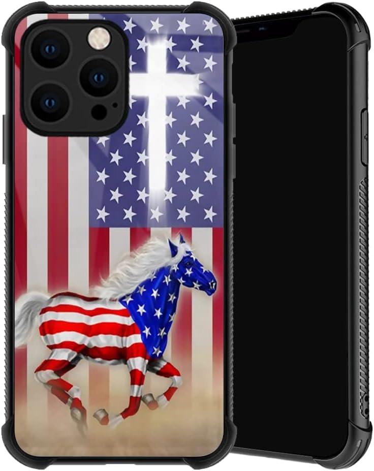 Photo 1 of iPhone 14 Pro Max Case,America Flag Stallion Cross iPhone 14 Pro Max Cases for Men,Soft TPU Anti-Skid Thread + Four Corner Anti-Collision Protection Case