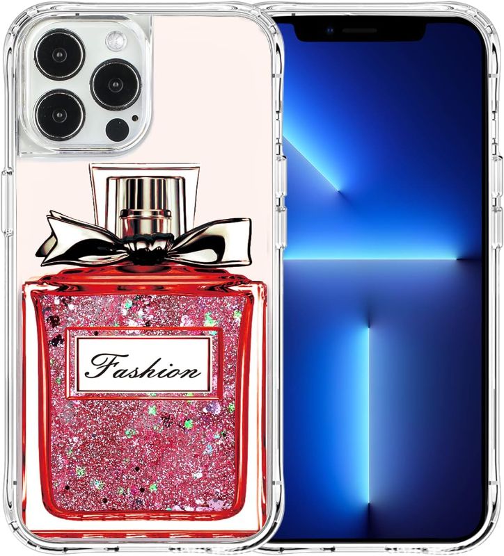 Photo 1 of  iPhone 13 Pro Glitter, Sparkly Perfume Bottle Print Pattern, Hard PC Rugged Drop Protection Shockproof Protective Case - Pink Perfume