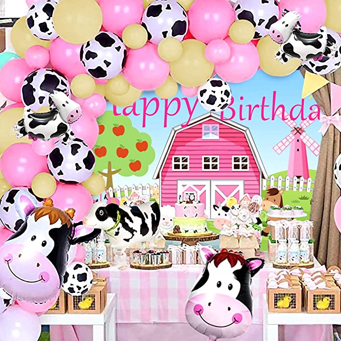 Photo 1 of JeVenis Pink Farm Animals Party Supplies Cow Birthday Backdrop Farm Animals Birthday Decoration Farm Animals Birthday Backdrop Farm Animals Party Supplies Cow Balloons 