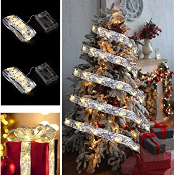 Photo 1 of 2PCS Christmas Glow Ribbon Lights,Total 33ft with 100 LED Lights Christmas Tree Decoration, Battery Operated String Lights for Christmas Party Indoor Outdoor Farmhouse Garden Decorations(Silver Warm
