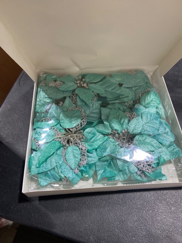 Photo 2 of 20 Set 8.7" Wide 3 Layers Christmas Teal Glitter Poinsettia Flowers Picks Christmas Tree Ornaments for Teal Christmas Tree Wreath Garland Seasonal Holiday Navidad Wedding Decorations Gift Box Included