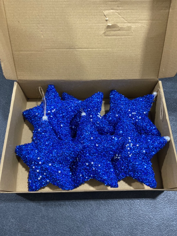 Photo 2 of 6pcs 6Inch Christmas Five-Pointed Star Ornament Glitter Star Decoration Suitable for Christmas Tree Hanging Decoration Wedding Party Festival Pentagram Ornament Gift (Blue)