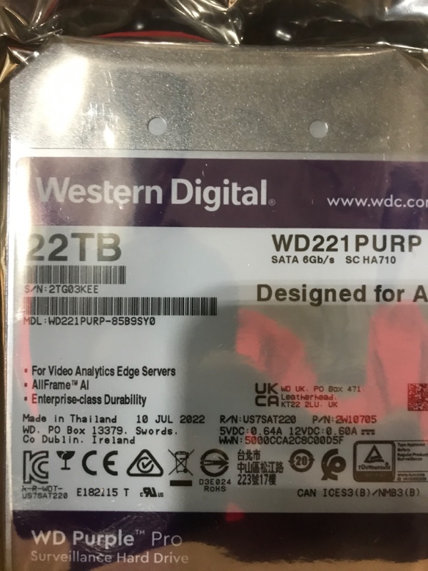 Photo 3 of Western Digital 22TB WD Purple Pro Surveillance Internal Hard Drive HDD - SATA 6 Gb/s, 512 MB Cache, 3.5" - WD221PURP 22TB HDD