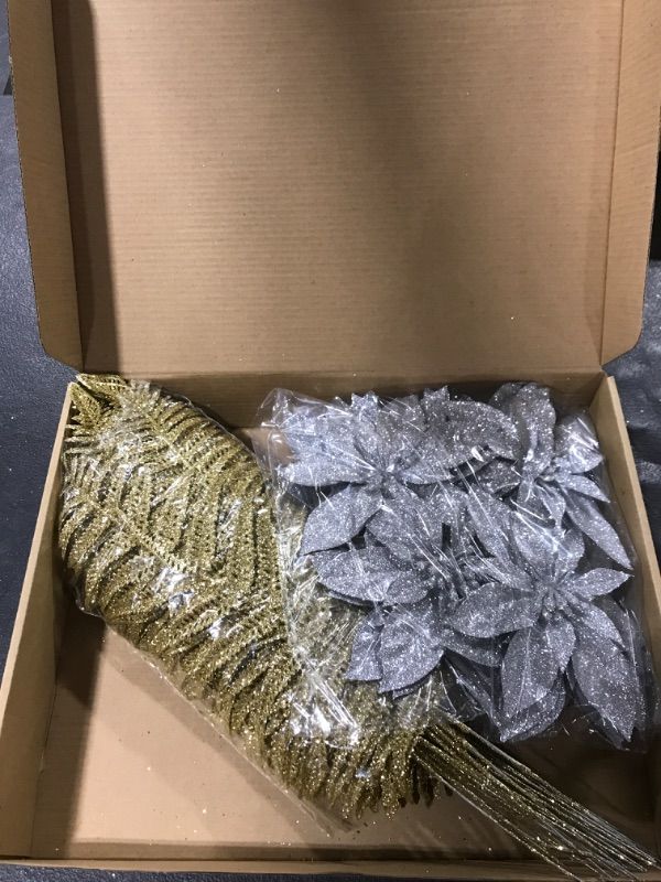Photo 1 of 48 Pcs Christmas Poinsettia Flowers Glitter Christmas Poinsettia Ornaments with Berries Stems or Leaves Artificial Poinsettia Flowers for Christmas Tree New Year Wedding Decor, Single Petal (Gold)