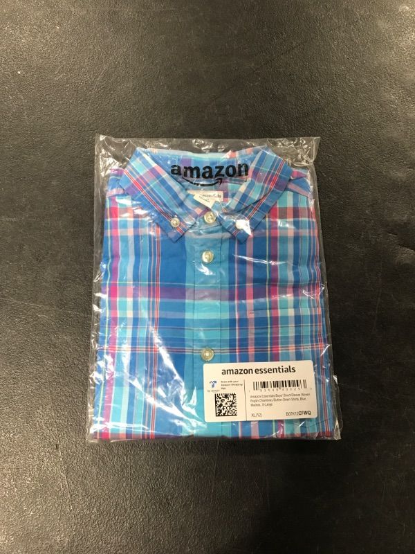 Photo 2 of Amazon Essentials Boys and Toddlers' Short-Sleeve Woven Poplin Chambray Button-Down Shirt X-Large Blue, Madras