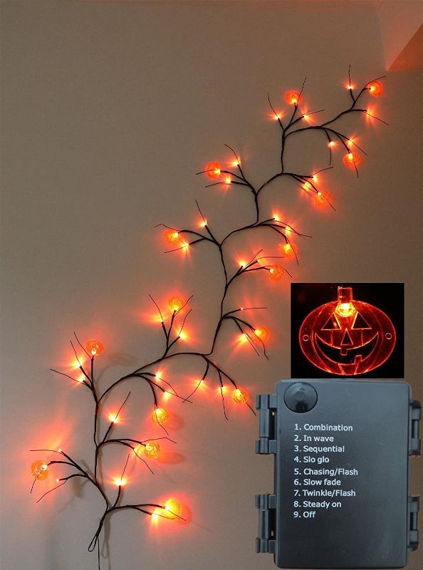 Photo 1 of 6FT Halloween Lighted Willow Branches Garland with Lights 8 Modes 48 LED Waterproof Battery Operated with Timer Vine Lights for Bedroom Party Indoor Outdoor Holiday Wall Fireplace (Pumpkin Lights)
