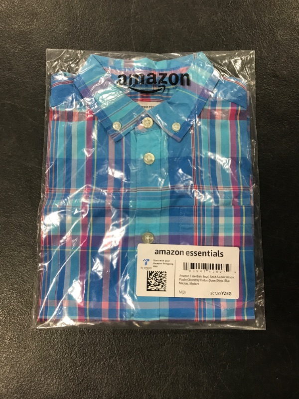 Photo 2 of Amazon Essentials Boys and Toddlers' Short-Sleeve Woven Poplin Chambray Button-Down Shirt Medium Blue, Madras