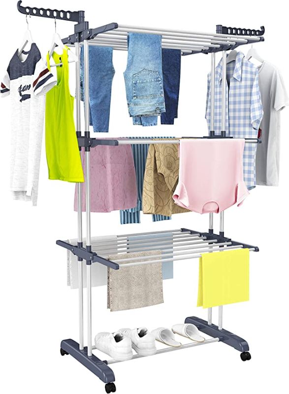 Photo 1 of HOMIDEC Clothes Drying Rack, Oversized 4-Tier(67.7" High) Foldable Stainless Steel Drying Rack Clothing, Movable Drying Rack with 4 castors, 24 Drying Poles & 14 Hooks for Bed Linen, Clothing, Grey
