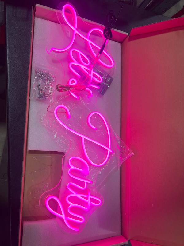 Photo 3 of Lets Party LED Neon Light Sign for Wall Decor, 27" Large Lights Signs for Wedding Engagement Birthday Party Bedroom Hotel Bar Club Home Wall Decoration Neon Light Logo (Pink)